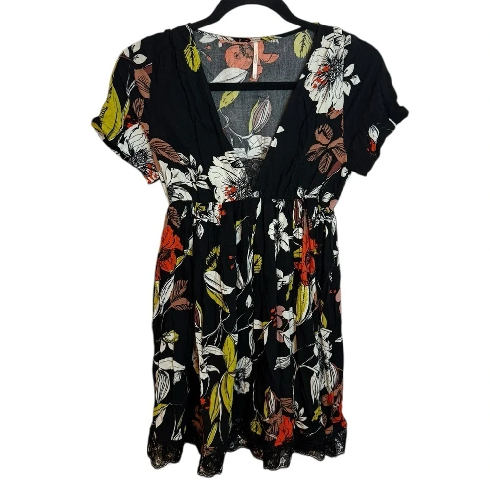 Free People Floral Cap Sleeve Lace Trim Bohemian Mini Dress